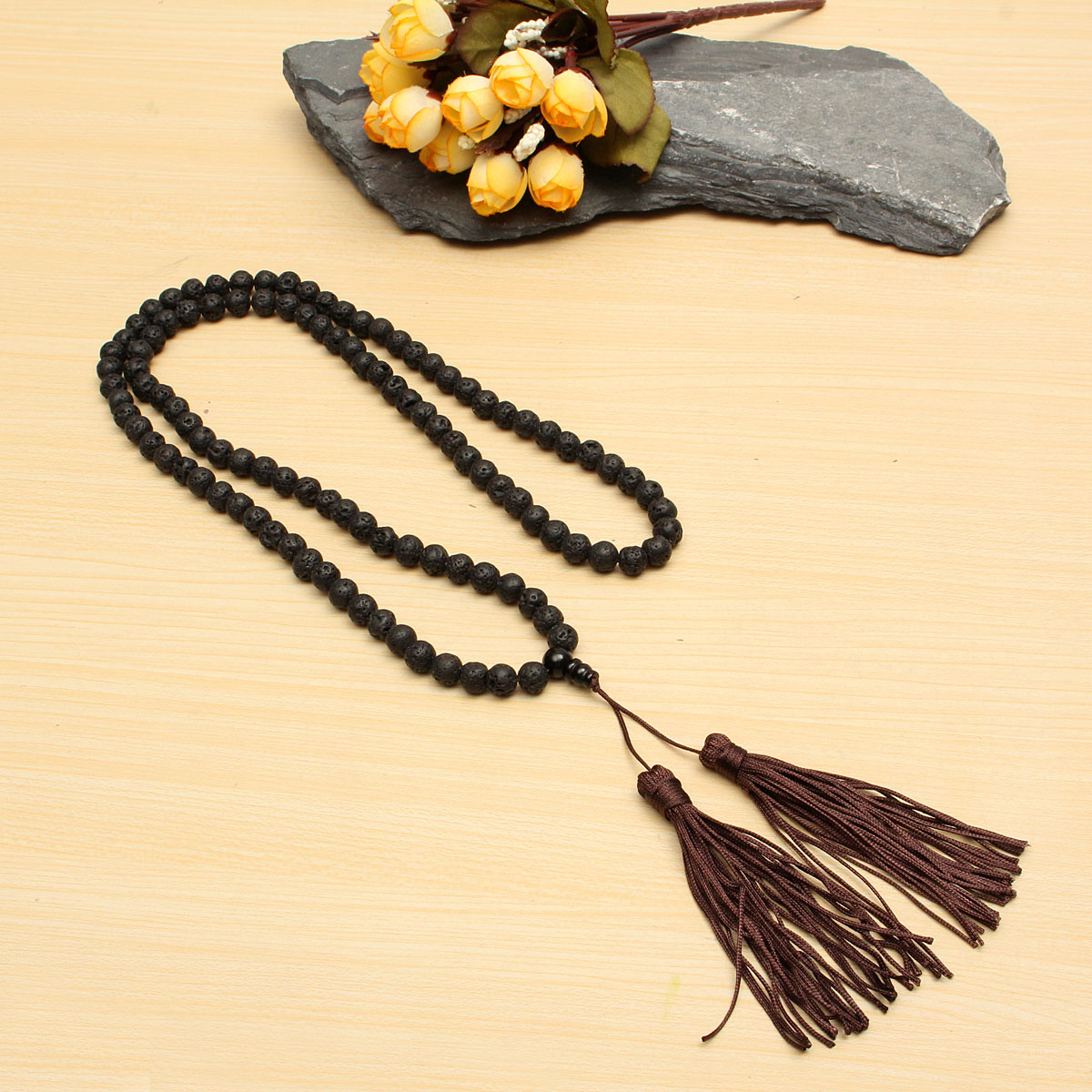 8mm-Black-Round-Volcano-Stone-Beads-Buddhist-Necklace-Unisex-1064186
