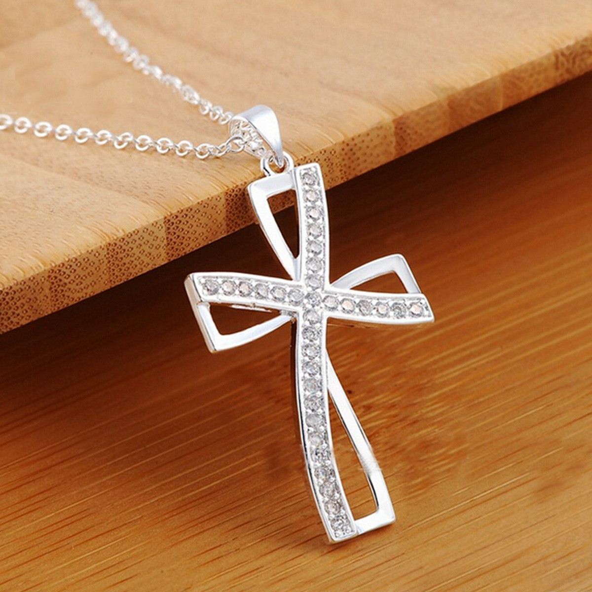 925-Sterling-Silver-Plated-Women-Cross-Necklace-Crystal-Chain-Jewelry-1032296