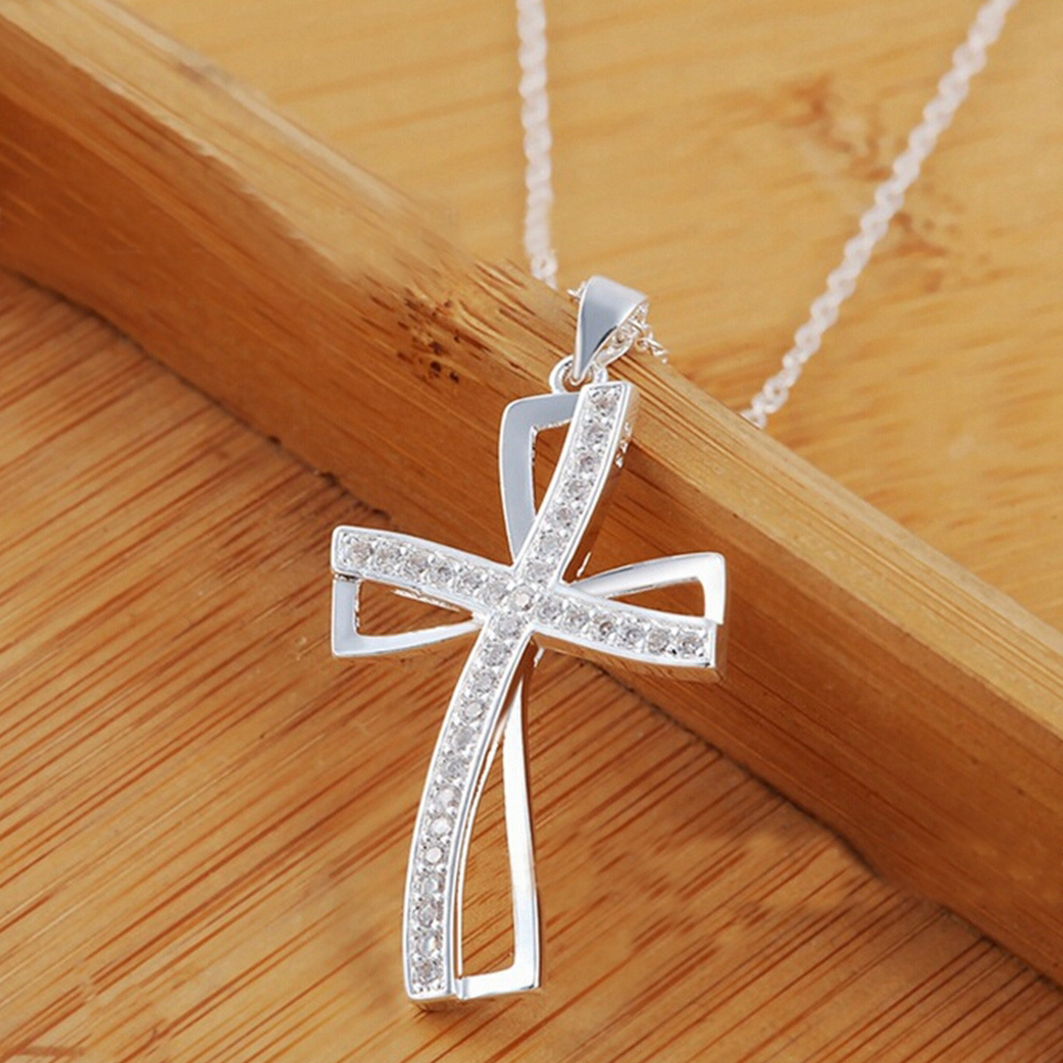 925-Sterling-Silver-Plated-Women-Cross-Necklace-Crystal-Chain-Jewelry-1032296