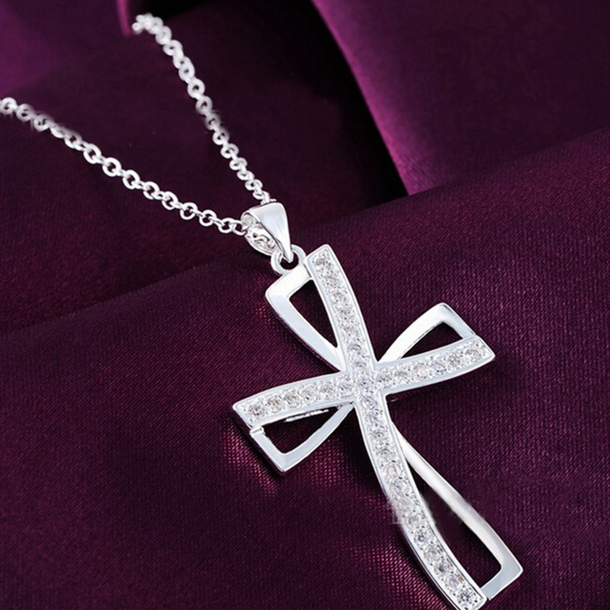 925-Sterling-Silver-Plated-Women-Cross-Necklace-Crystal-Chain-Jewelry-1032296