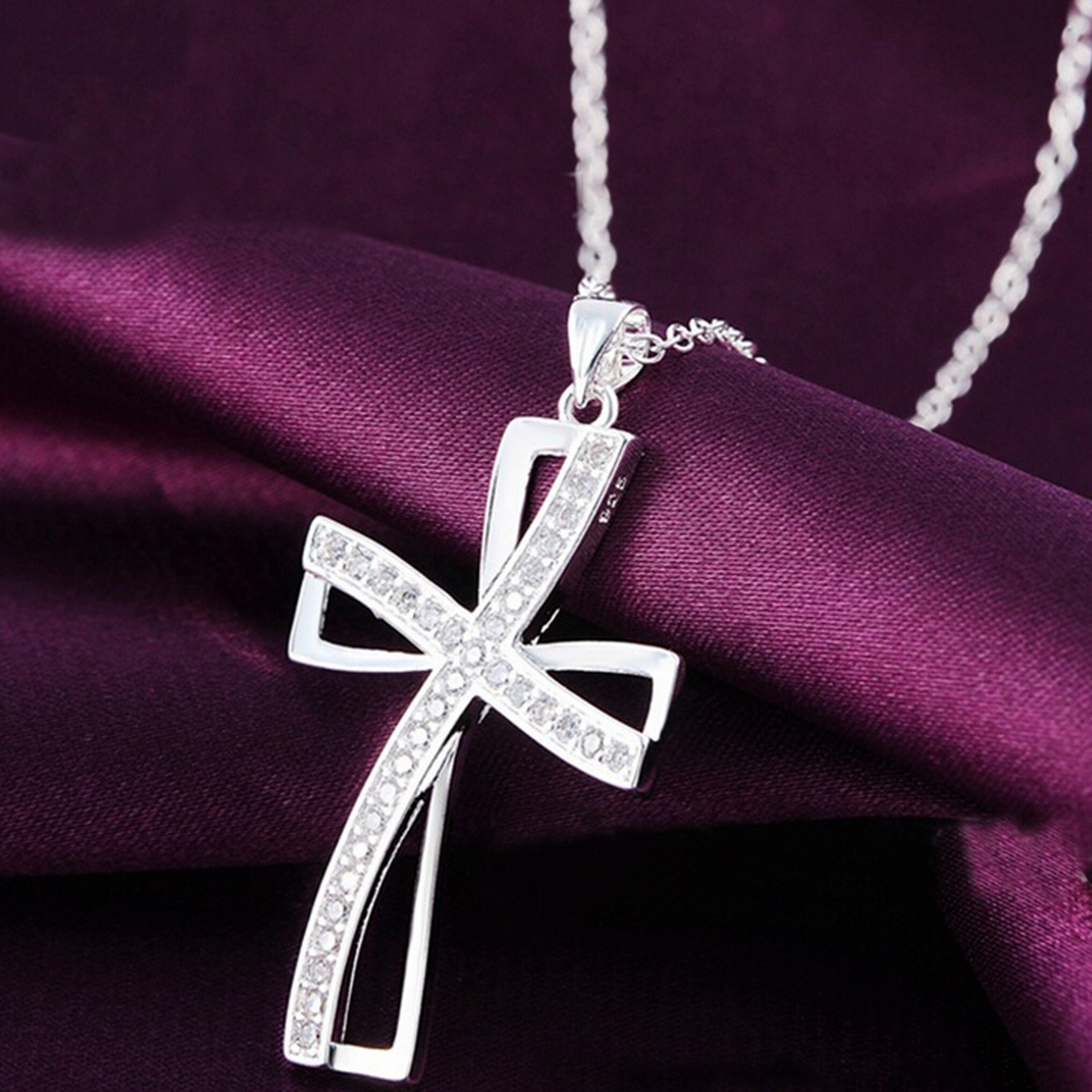 925-Sterling-Silver-Plated-Women-Cross-Necklace-Crystal-Chain-Jewelry-1032296