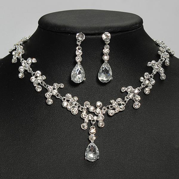 Silver-Plated-Crystal-Necklacee-Earrings-Bridal-Jewelry-Set-Wedding-941726