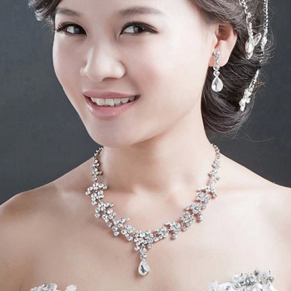 Silver-Plated-Crystal-Necklacee-Earrings-Bridal-Jewelry-Set-Wedding-941726