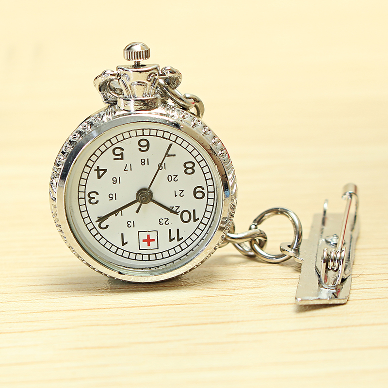 Nurse-Silver-White-Dial-Quartz-Pocket-Watch-Clear-Cover-Pin-38367