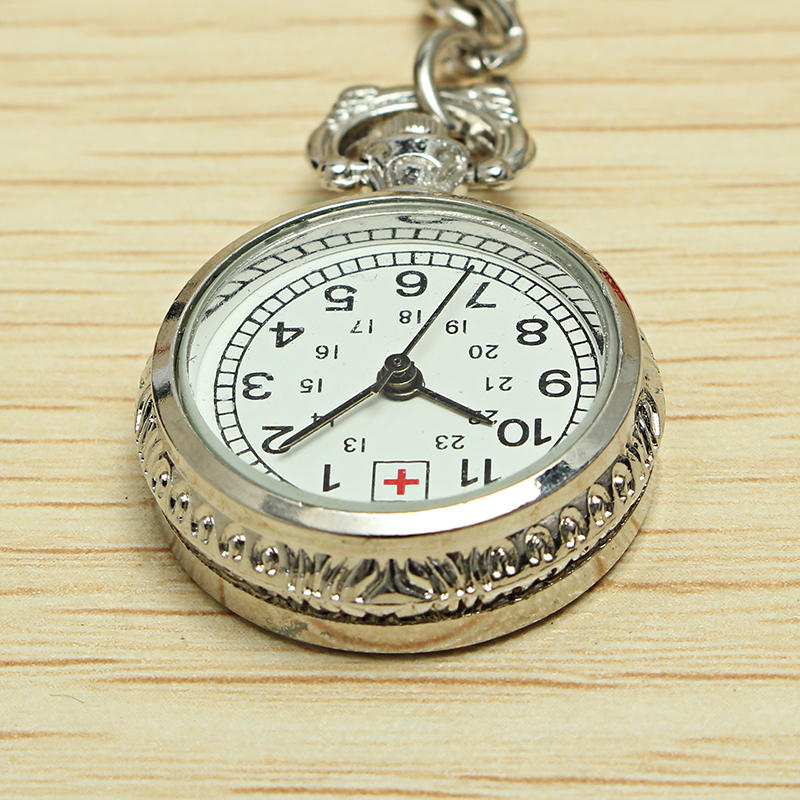 Nurse-Silver-White-Dial-Quartz-Pocket-Watch-Clear-Cover-Pin-38367