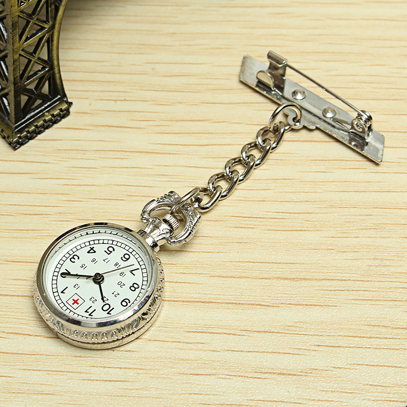 Nurse-Silver-White-Dial-Quartz-Pocket-Watch-Clear-Cover-Pin-38367