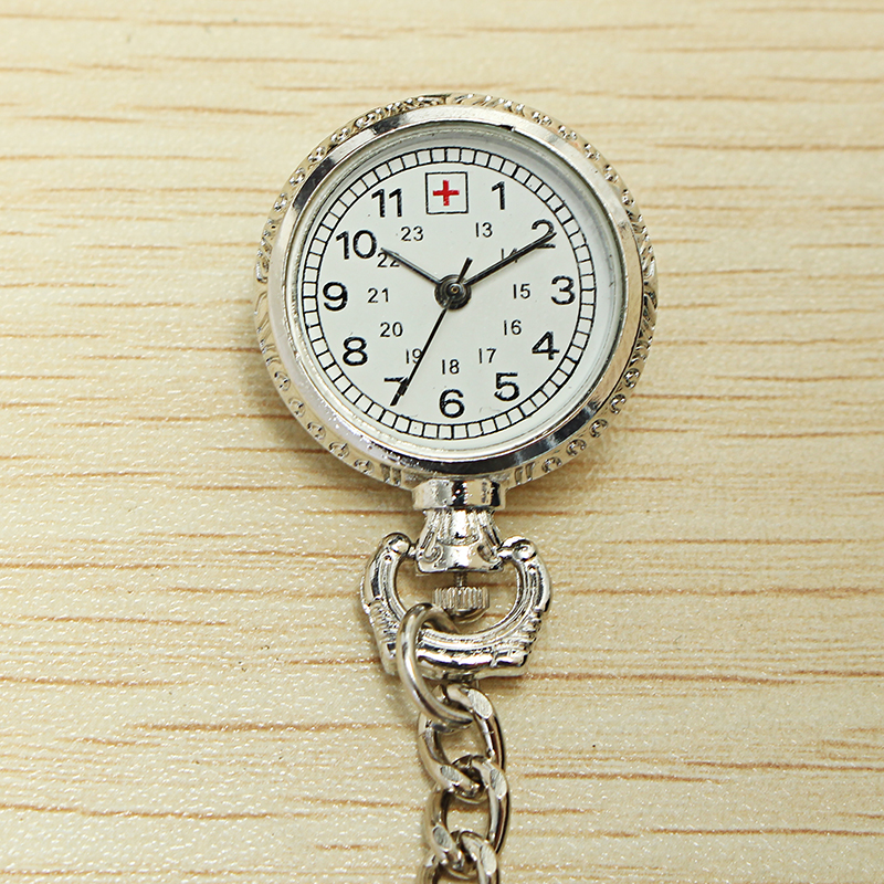 Nurse-Silver-White-Dial-Quartz-Pocket-Watch-Clear-Cover-Pin-38367