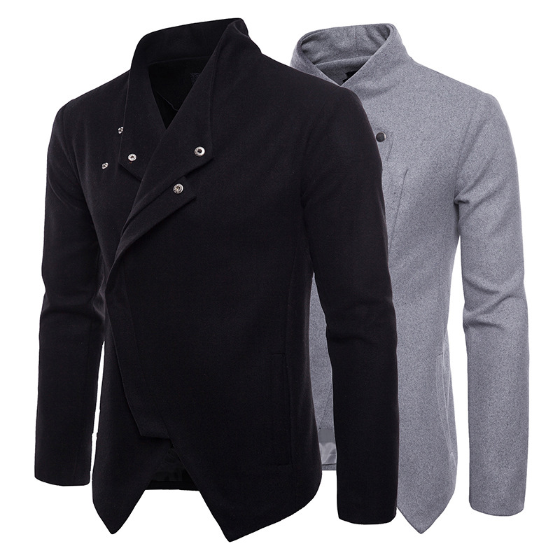 Men-Fashion-Diagonal-Zipper-Split-Hem-Stand-Collar-Solid-Color-Jacket-1377217