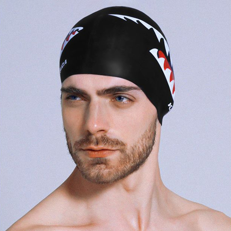 Individual-Shark-Print-Waterproof-Non-slip-Silicone-Swimming-Cap-Oversized-Comfortable-Earmuffs-Bean-1346594