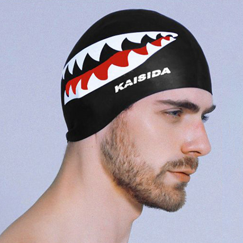 Individual-Shark-Print-Waterproof-Non-slip-Silicone-Swimming-Cap-Oversized-Comfortable-Earmuffs-Bean-1346594