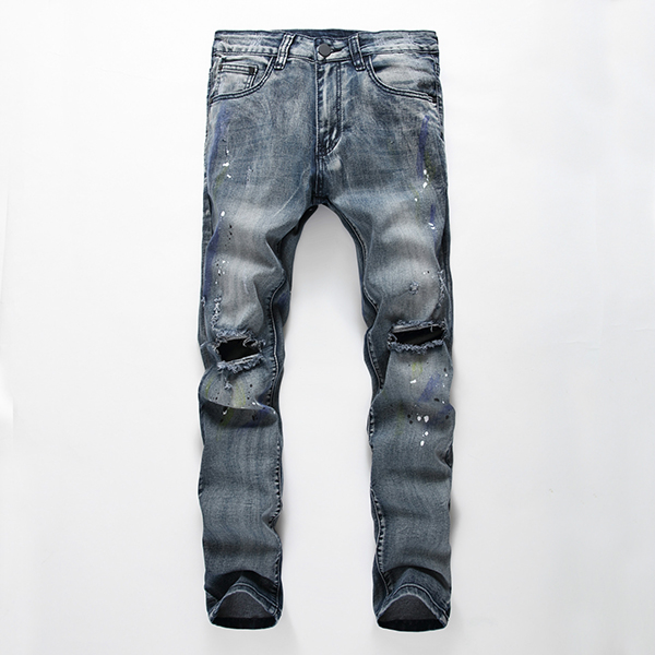 Men-Hole-Ripped-Splashed-Painting-Fashion-Washed-Elastic-Jeans-1118637