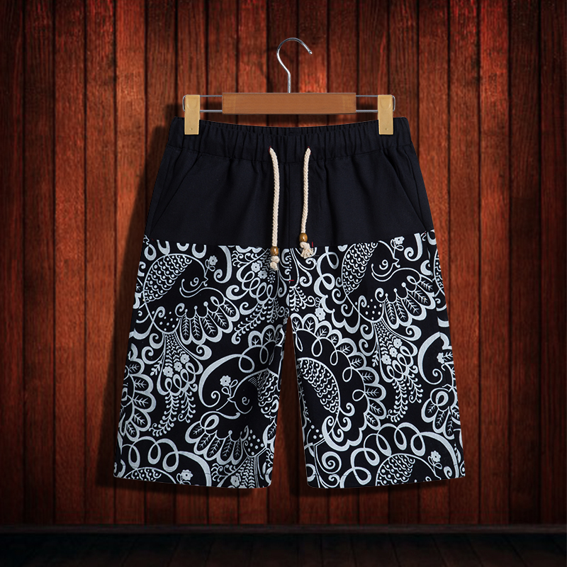 Chinese-Style-Mens-Cotton-Linen-Breathable-Splicing-Color-Blocking-Antibacterial-Knee-Length-Shorts-1295070