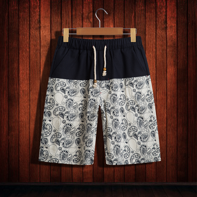 Chinese-Style-Mens-Cotton-Linen-Breathable-Splicing-Color-Blocking-Antibacterial-Knee-Length-Shorts-1295070