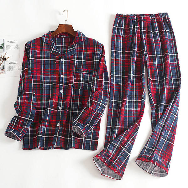 Cotton-Comfortable-Plaid-Long-Sleeve-Casual-Home-Sleeping-Pajamas-Suit-for-Men-1256213