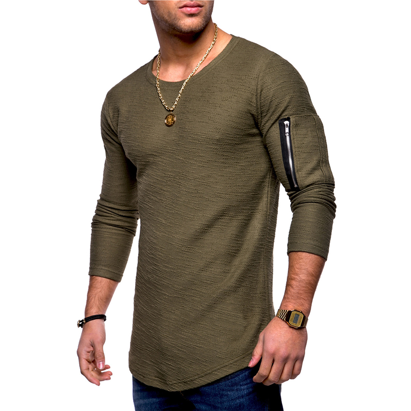 Arm-Zipper-Stitching-Pocket-Jacquard-T-shirts-Mens-Solid-Color-Long-Sleeved-Casual-Tops-Tees-1302577