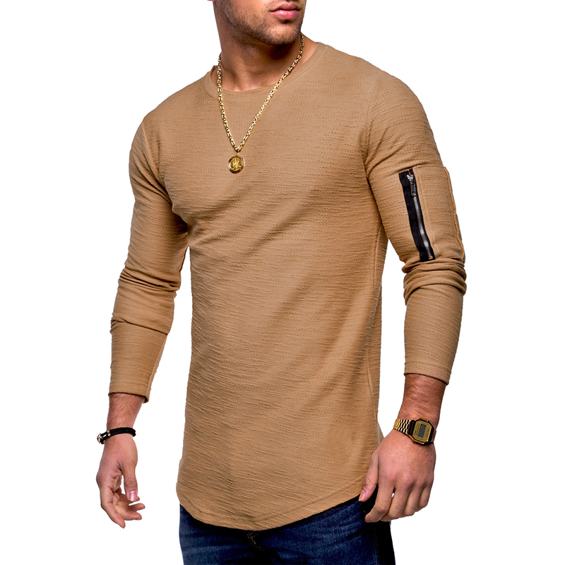 Arm-Zipper-Stitching-Pocket-Jacquard-T-shirts-Mens-Solid-Color-Long-Sleeved-Casual-Tops-Tees-1302577