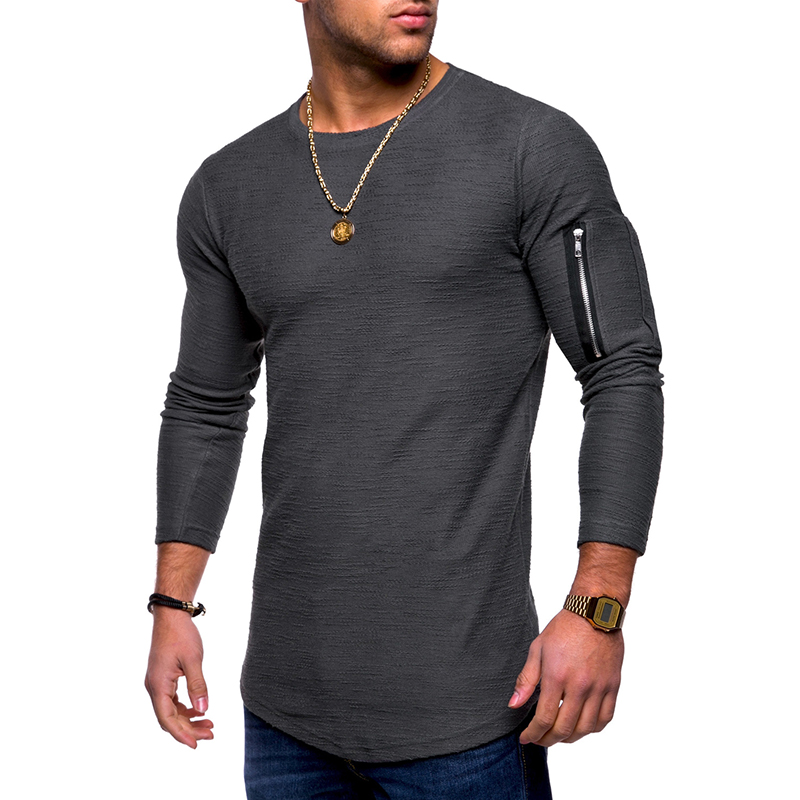 Arm-Zipper-Stitching-Pocket-Jacquard-T-shirts-Mens-Solid-Color-Long-Sleeved-Casual-Tops-Tees-1302577