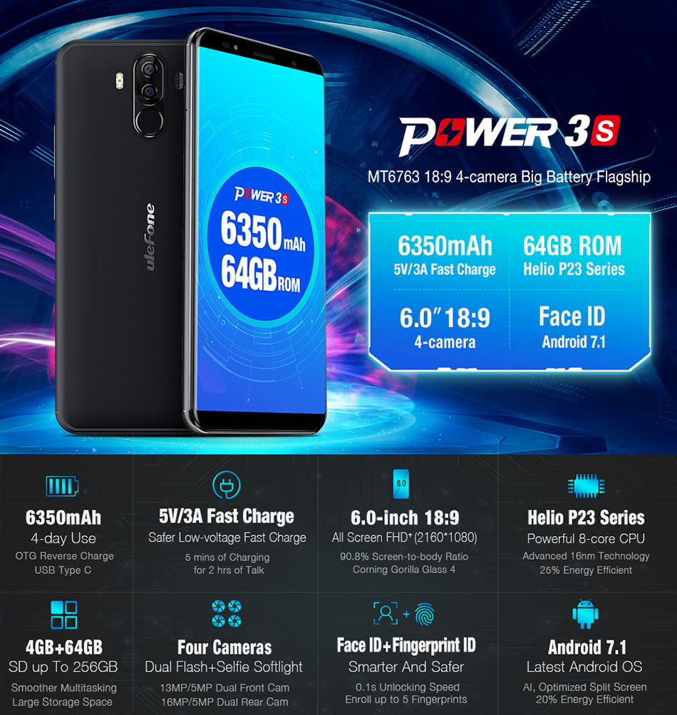 Ulefone-Power-3S-60-Inch-6350mAh-Face-Unlock-4GB-RAM-64GB-ROM-MT6763-Octa-core-4G-Smartphone-1260436