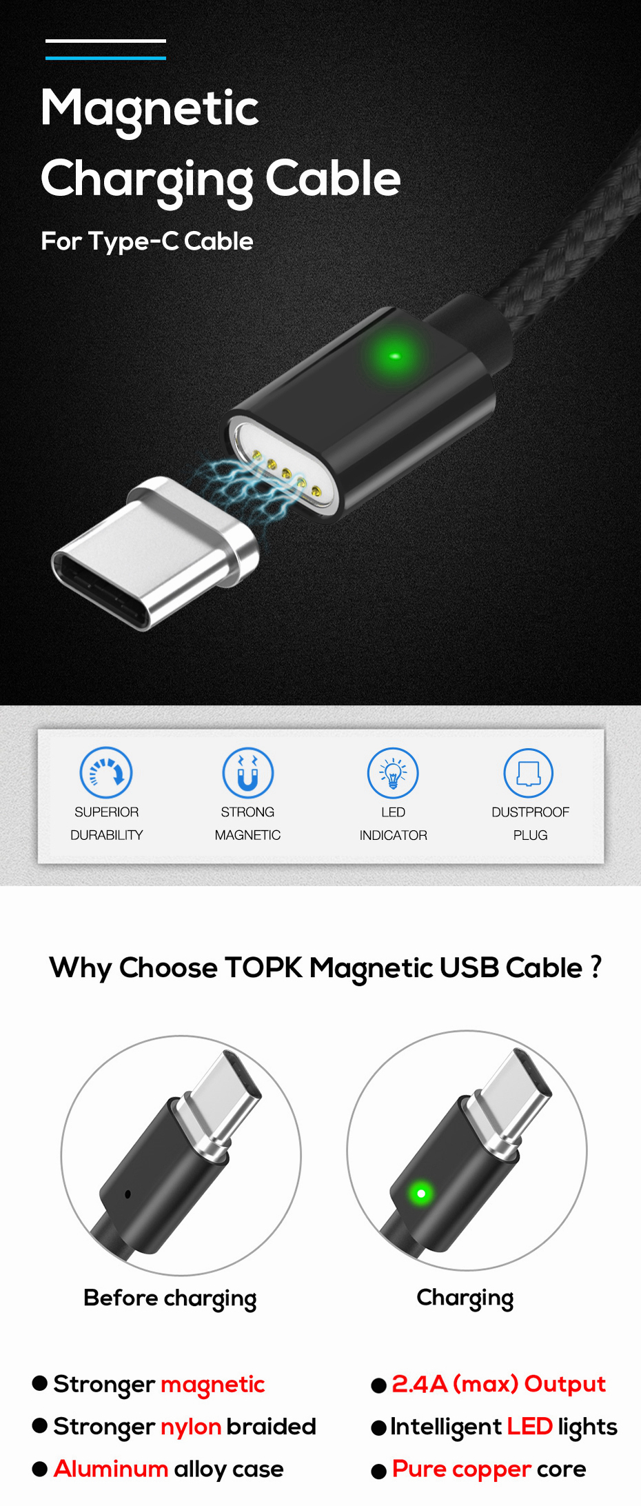 TOPK-F-Line-24A-Type-C-LED-Magnetic-Braided-Fast-Charging-Data-Cable-1M-For-Smart-Phone-Tablet-1374180