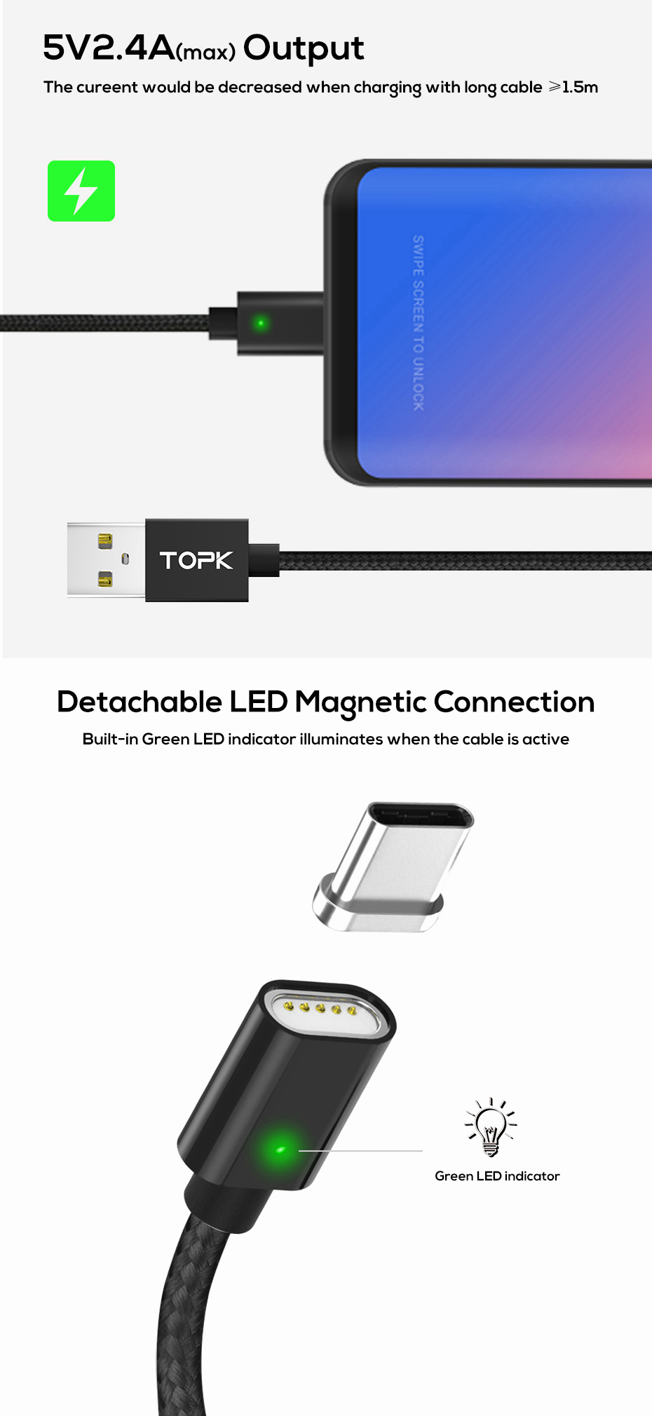 TOPK-F-Line-24A-Type-C-LED-Magnetic-Braided-Fast-Charging-Data-Cable-1M-For-Smart-Phone-Tablet-1374180