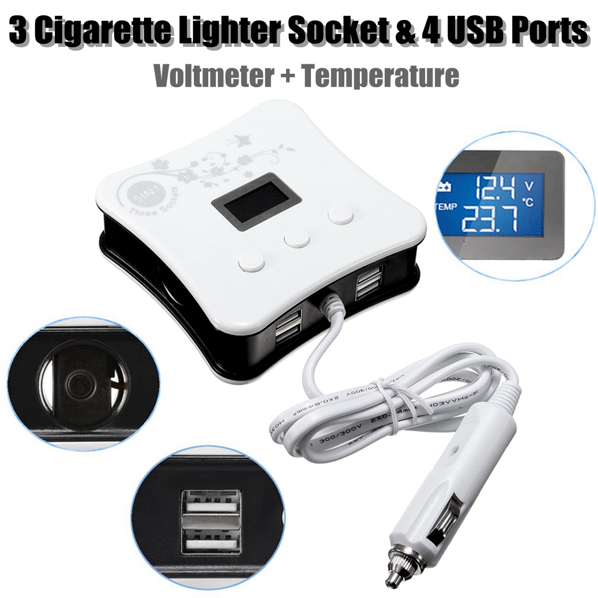 4-USB-3-Way-Triple-Car-Charger-Socket-Splitter-LED-Light-Voltmeter-Temperature-1160350