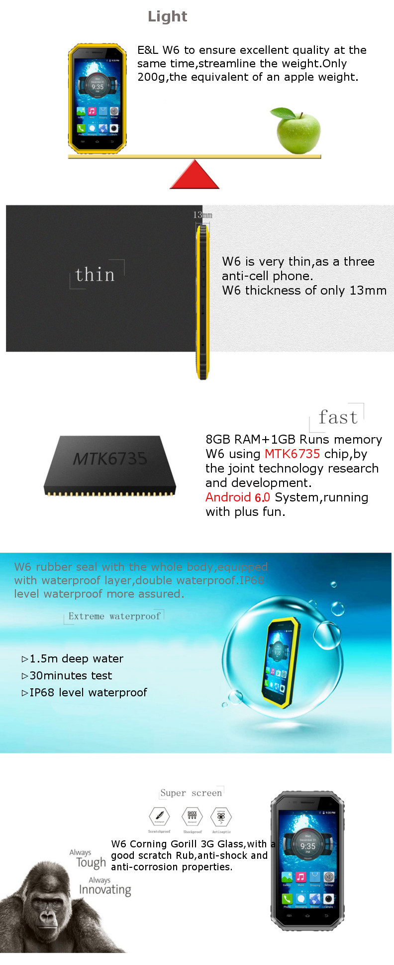 EL-3-PROOFINGS-W6-IP68-45-Inch-4G-LTE-2600mAh-5MP-Android-60-Waterproof-Dustproof-Smartphone-1033505