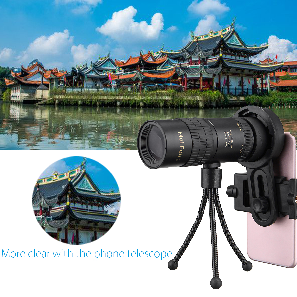 10-30x-Telephoto-Telescope-Monocular-Camera-Lens-Cell-Phone-Clip-Tripod-Stand-1202418