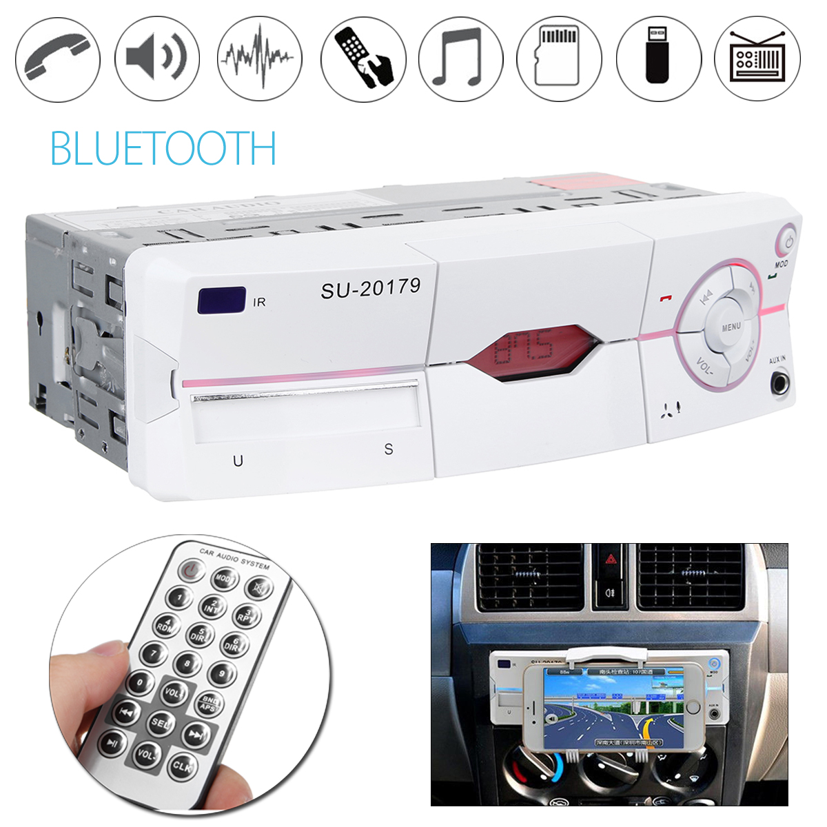 1-DIN-Car-Stereo-12V-FM-Radio-SDUSBAUX-Bluetooth-Remote-Head-Unit-MP3-Player-1216279