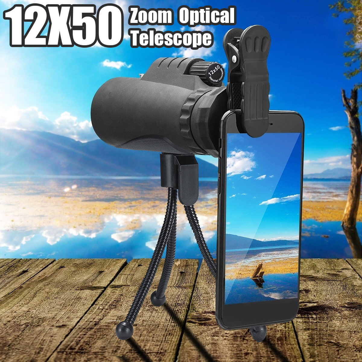 12x50-Outdoor-Monocular-Optical-HD-Lens-Camping-TelescopeTripodMobile-Phone-Clip-1378805