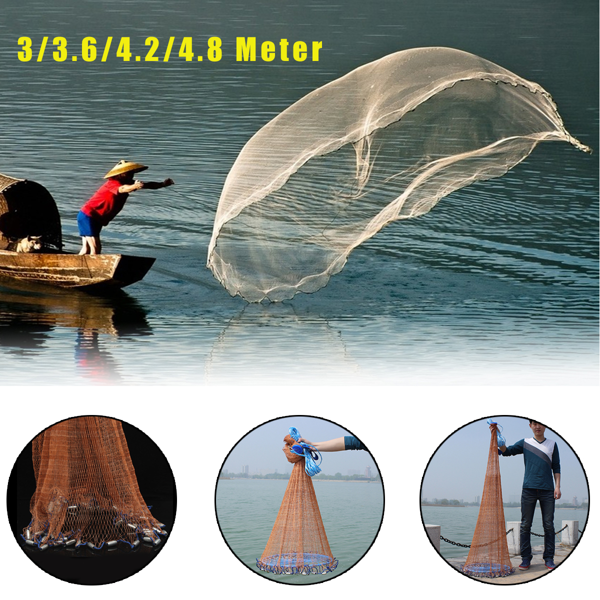 3-48m-Netting-TwineSteel-Hand-Throw-Cast-Net-American-Style-Brown-Bait-Fishing-Network-wSinker-1259500