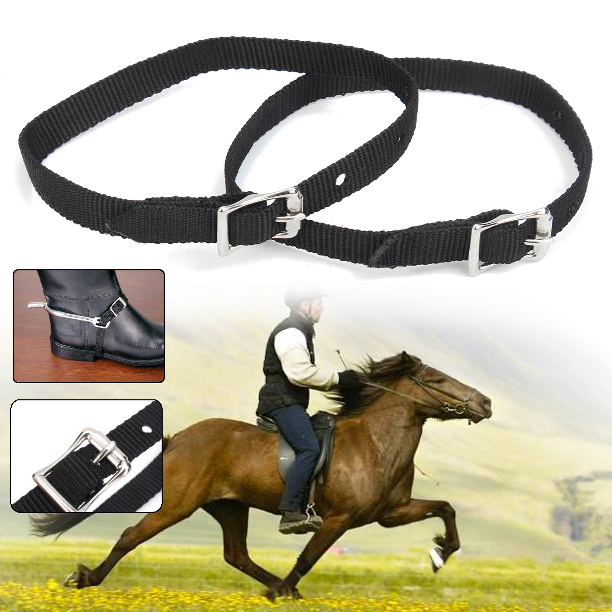 Western-Harness-Leather-Spur-Straps-Mens-Ladies-Cowboy-Horse-Buckles-Black-1241359