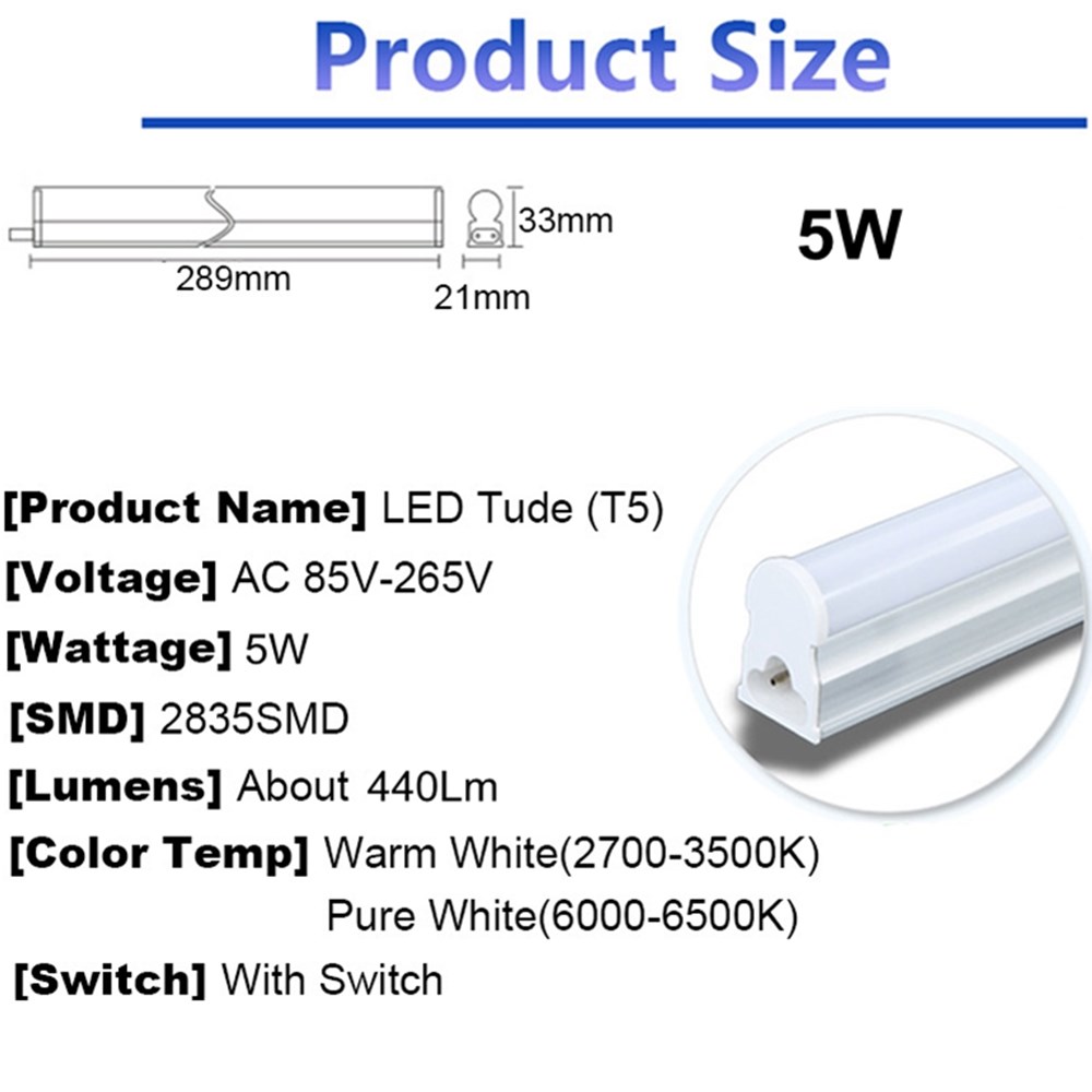 30cm-5W-440LM-SMD2835-T5-LED-Fluorescent-Tube-Light-with-Switch-WarmPure-White-AC85-265V-1126346