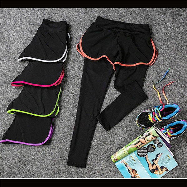 Women-Fitness-Yoga-Workout-Leisure-Elastic-False-Two-piece-Ninth-Pants-Leggings-Sportswear-1032835