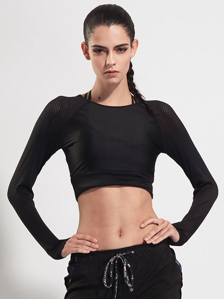 Women-Long-Sleeve-Mesh-Stitching-Elastic-Yoga-Running-Training-Crop-Tops-1121194