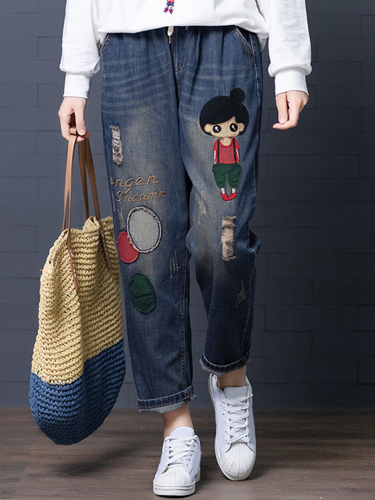 Cartoon-Embroidery-Hollow-Elastic-Drawstring-Waist-Denim-Jeans-1394572