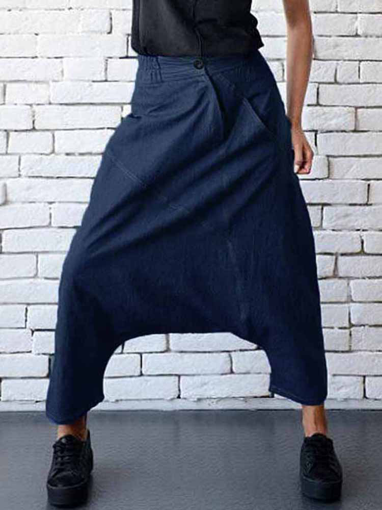 Casual-Women-Denim-Pocket-Elastic-Waist-Drop-Crotch-Harem-Pants-1230771