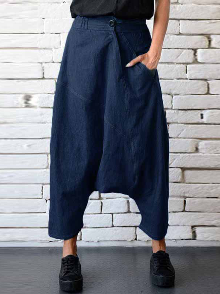 Casual-Women-Denim-Pocket-Elastic-Waist-Drop-Crotch-Harem-Pants-1230771