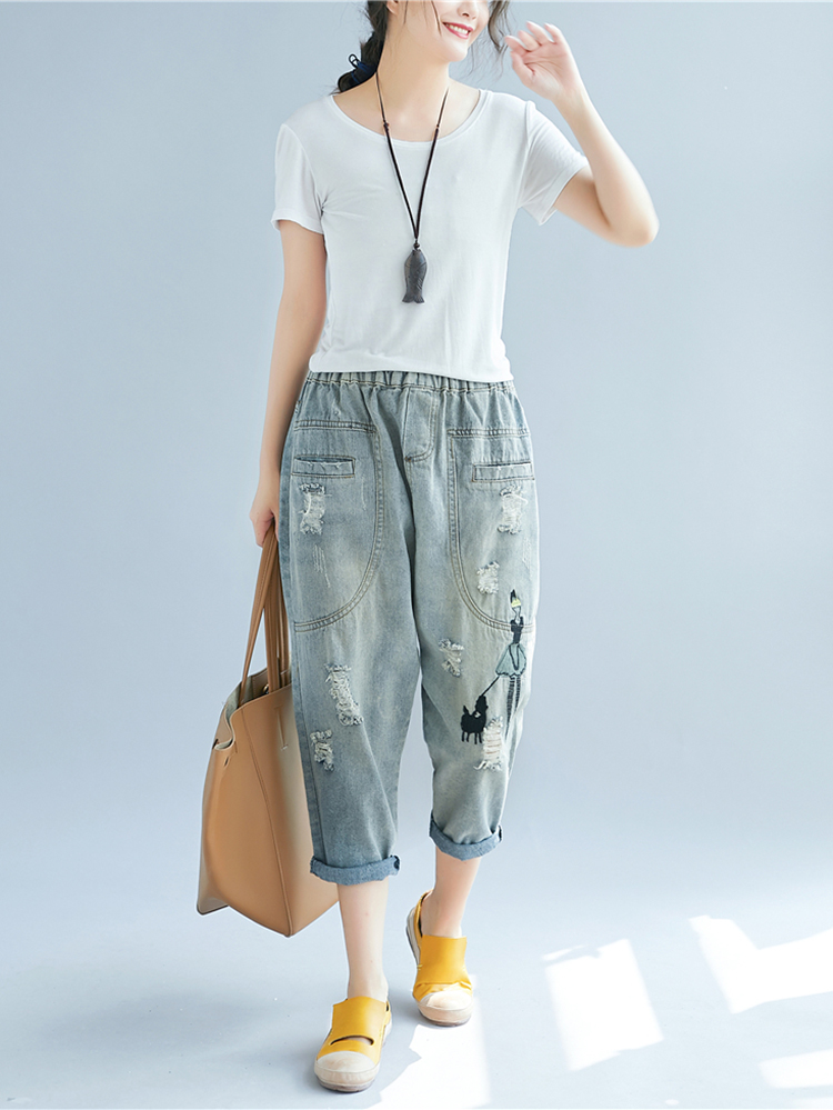 Casual-Women-Elastic-Waist-Embroidered-Pocket-Denim-Jeans-1351262