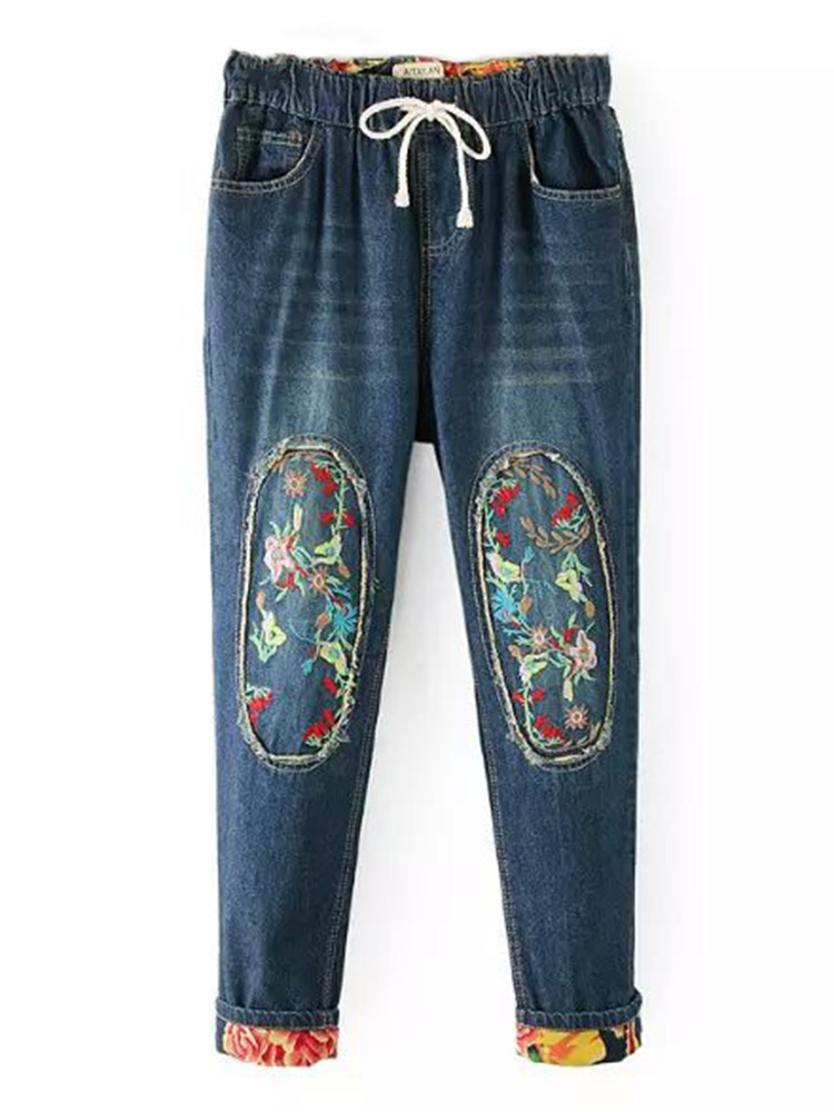 Casual-Women-Embroidery-Fleece-Elastic-Waist-Denim-Jeans-1185949