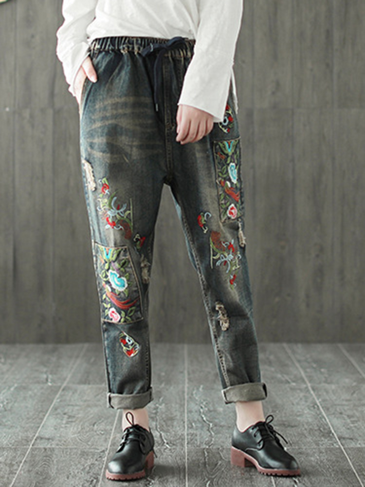 Folk-Style-Embroidery-Elastic-Waist-Vintage-Denim-Jeans-1391054