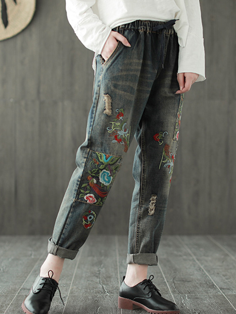 Folk-Style-Embroidery-Elastic-Waist-Vintage-Denim-Jeans-1391054