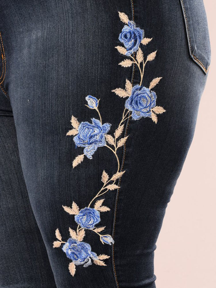 Navy-Women-Flower-Embroidered-High-Waist-Elastic-Slim-Denim-Jeans-1205158