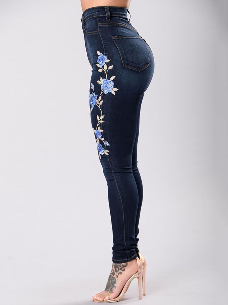 Navy-Women-Flower-Embroidered-High-Waist-Elastic-Slim-Denim-Jeans-1205158