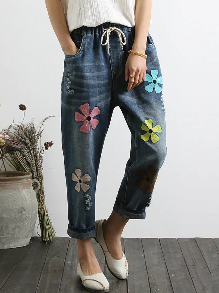 Women-Casual-Embroidery-Drawstring-Waist-Denim-Jeans-with-Pockets-1390458