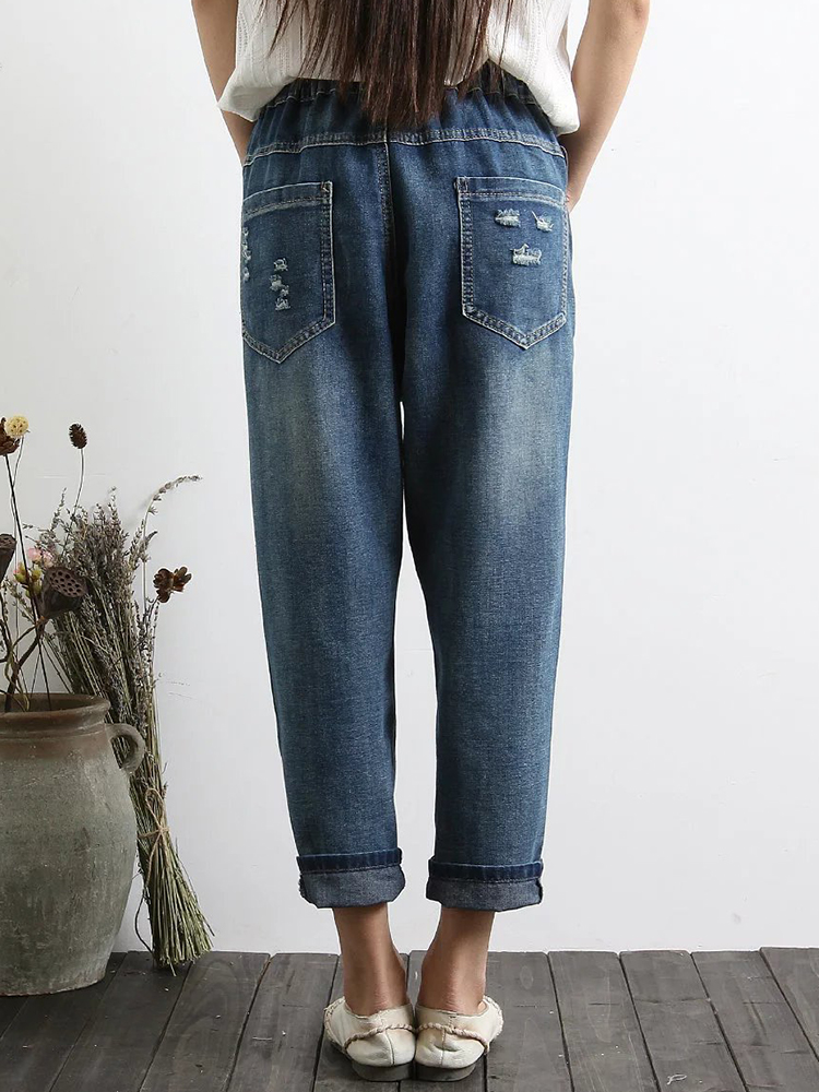 Women-Casual-Embroidery-Drawstring-Waist-Denim-Jeans-with-Pockets-1390458