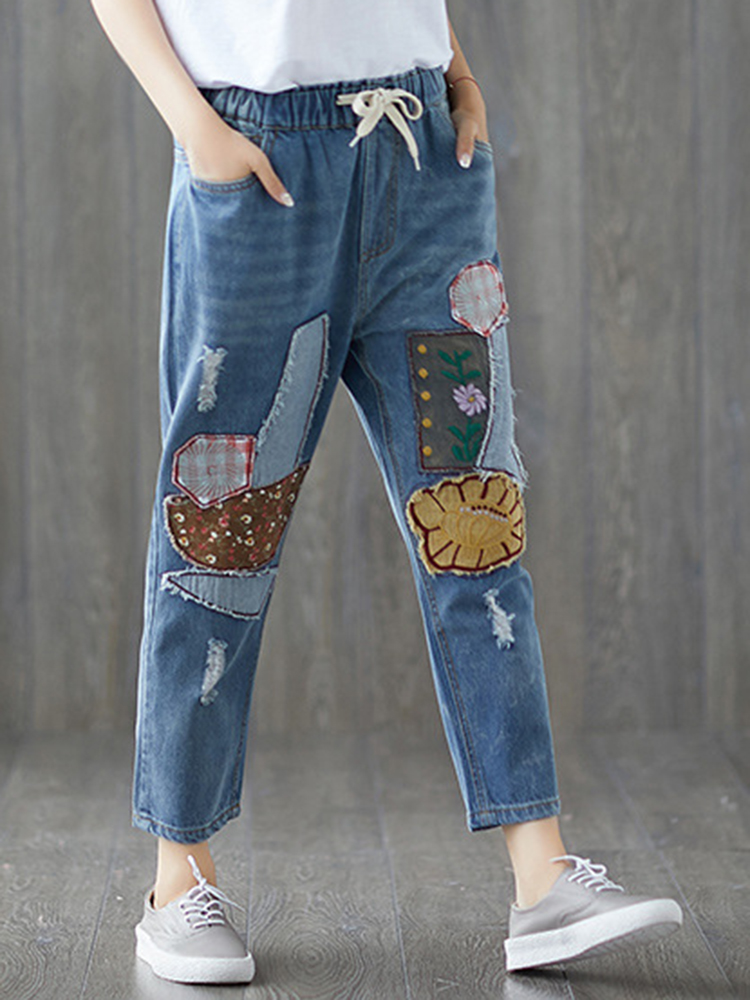 Women-Casual-Patchwork-Elastic-Waist-Denim-Jeans-with-Pockets-1401266