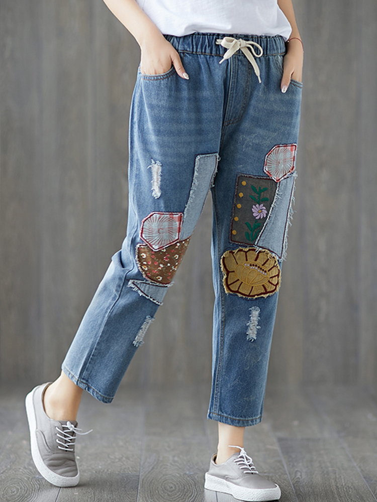 Women-Casual-Patchwork-Elastic-Waist-Denim-Jeans-with-Pockets-1401266