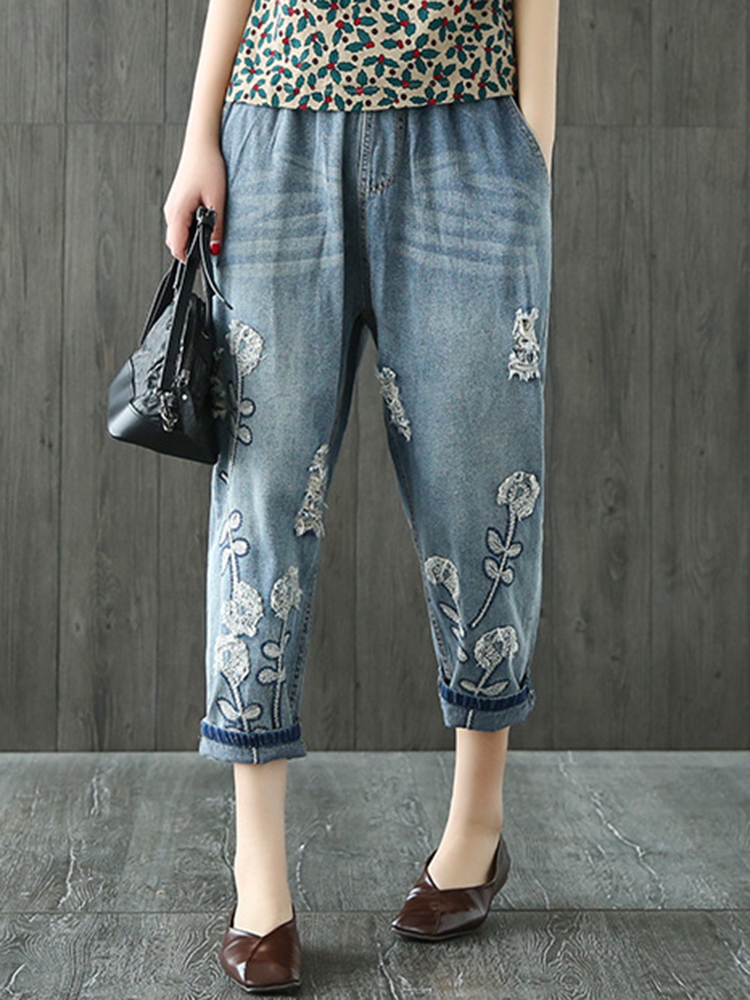 Women-Vintage-Embroidery-Elastic-Waist-Pocket-Denim-Jeans-1400414
