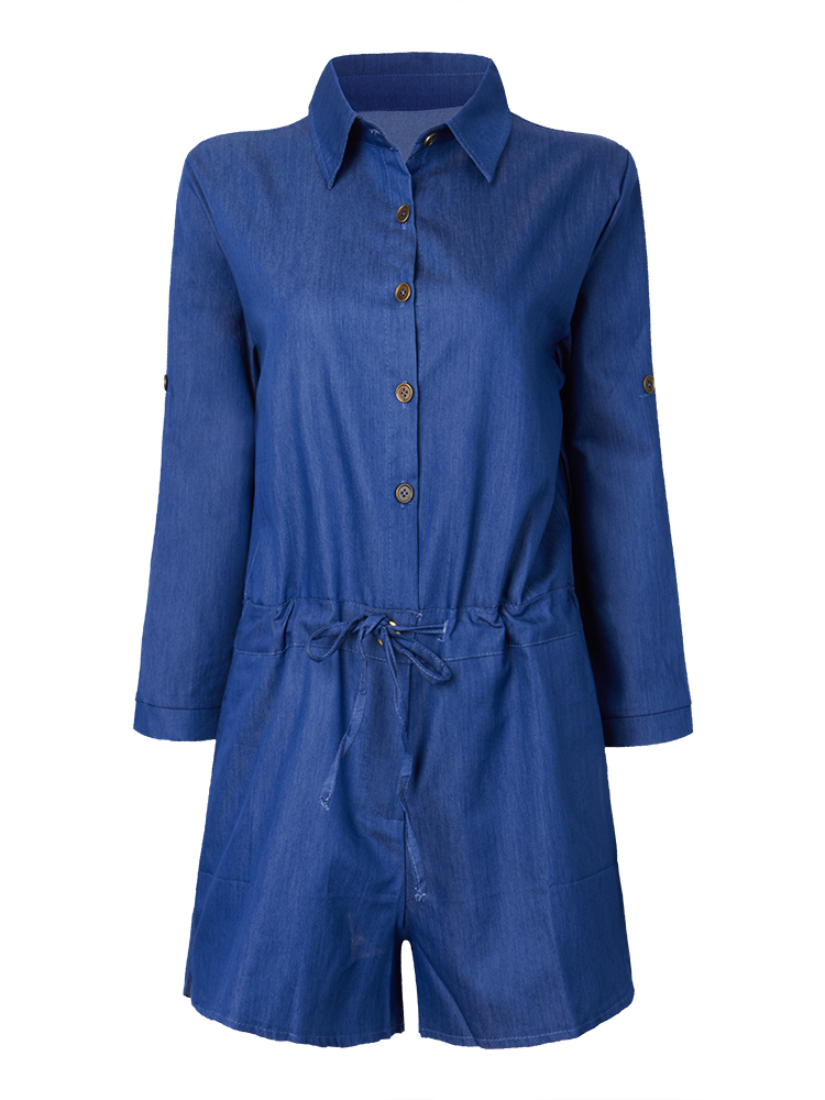 Belt-Sexy-Denim-Blue-Long-Sleeve-Lapel-Button-Pocket-Women-Short-Jumpsuits-1027380