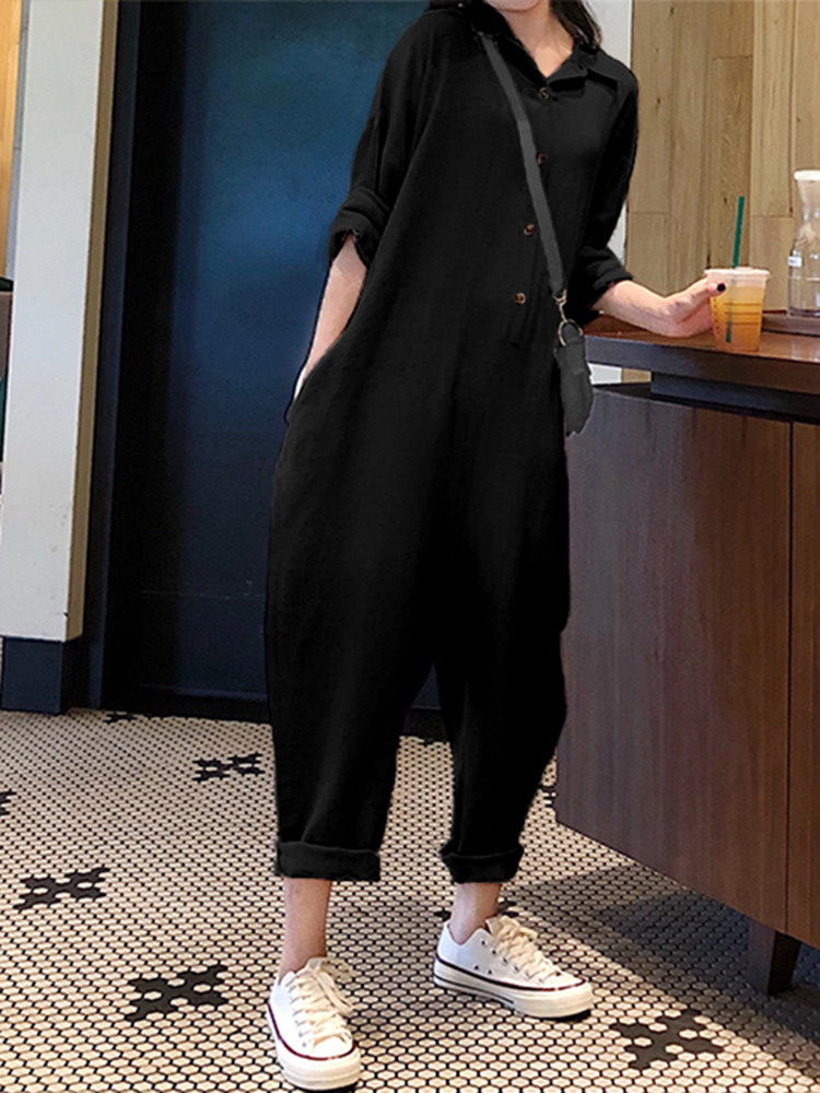 Casual-Women-Cotton-Pure-Color-Button-Long-Sleeve-Jumpsuit-1379652